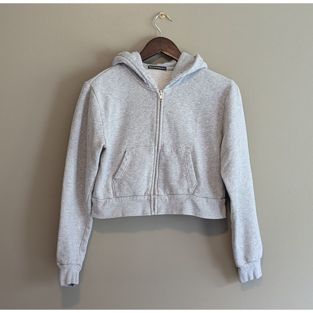 Brandy Melville Womens Grey Full Zip Up Cropped Hoodie Sweatshirt Heather OS